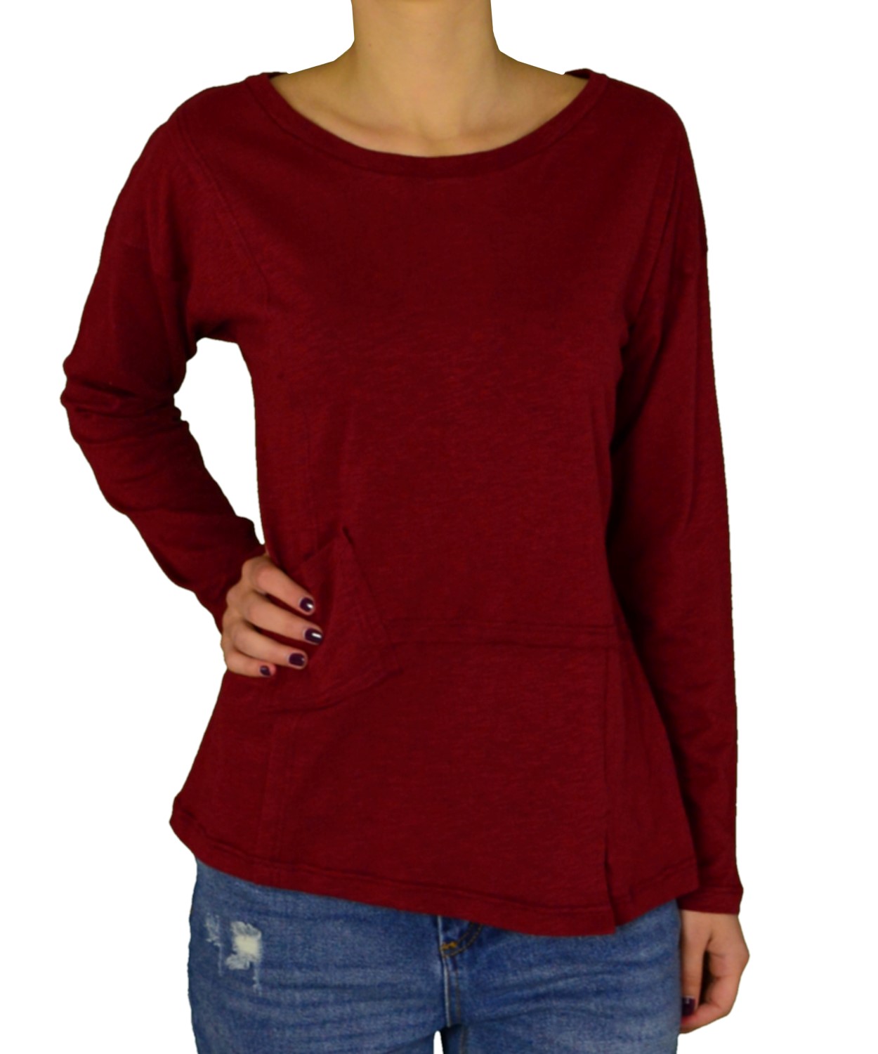 Γυναικεία βαμβακερή μακρυμάνικη μπλούζα Lipsy μπορντό 2170067C